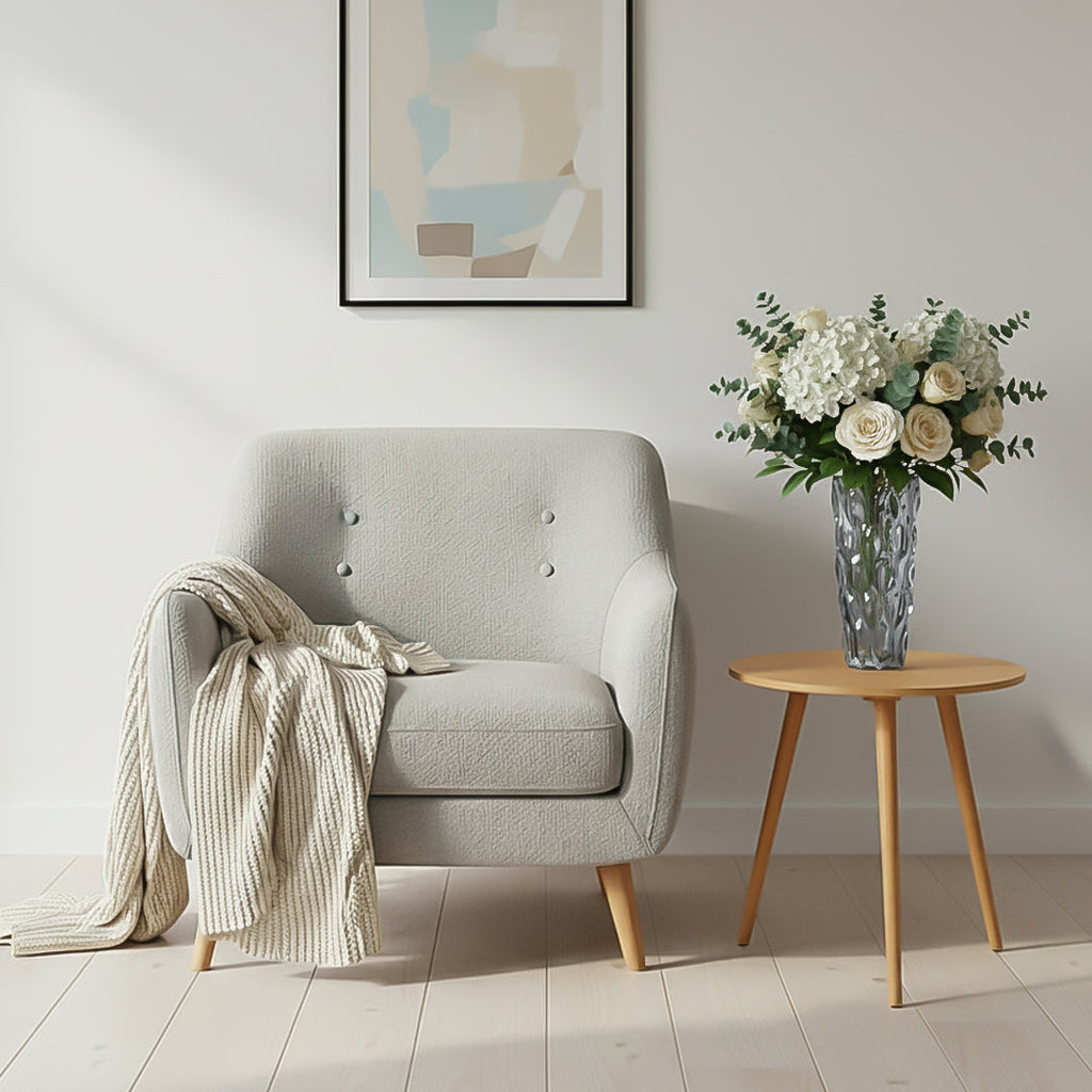 SOGA Home & Living Bundle – Walnut Side Coffee Table & Grey Glass Vase for Modern Home Decor