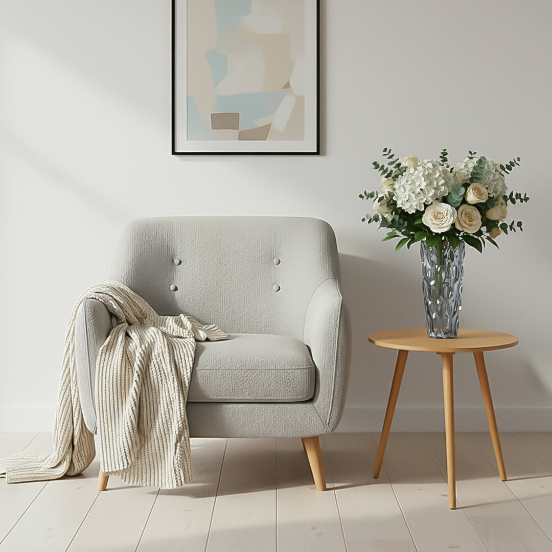 SOGA Home & Living Bundle – Walnut Side Coffee Table & Grey Glass Vase for Modern Home Decor