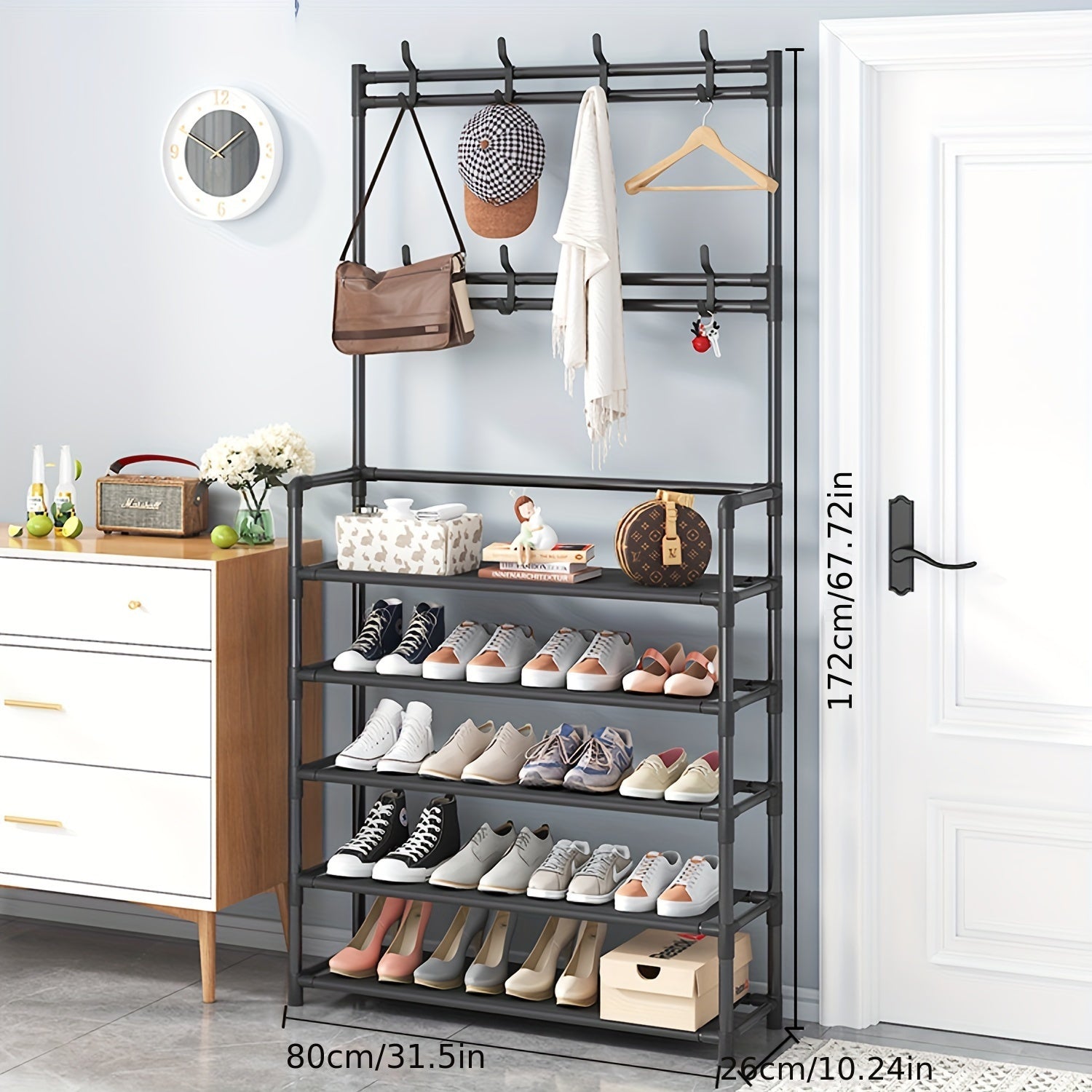 NNETM Stainless Steel Coat & Shoe Rack (8-Hook 4-Tier)