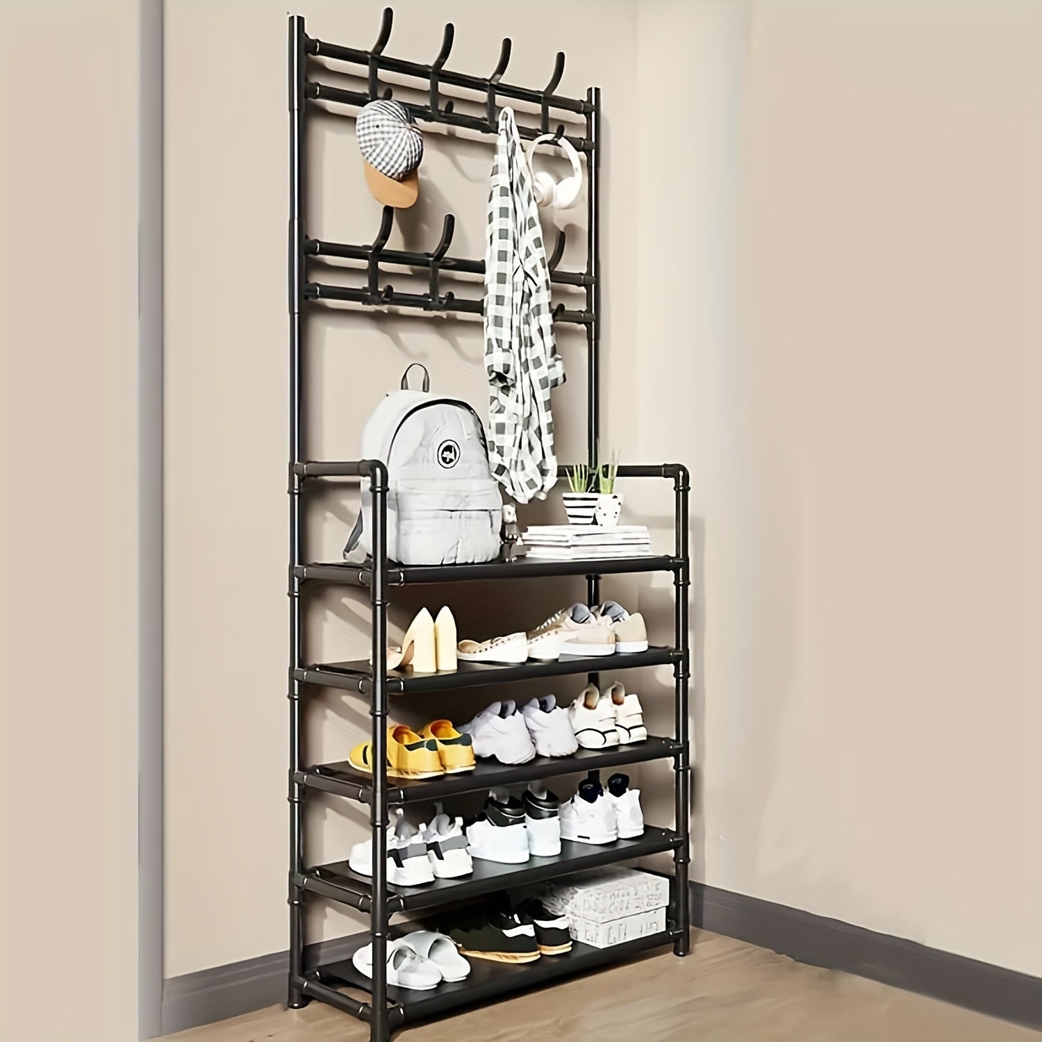 NNETM Stainless Steel Coat & Shoe Rack (8-Hook 4-Tier)