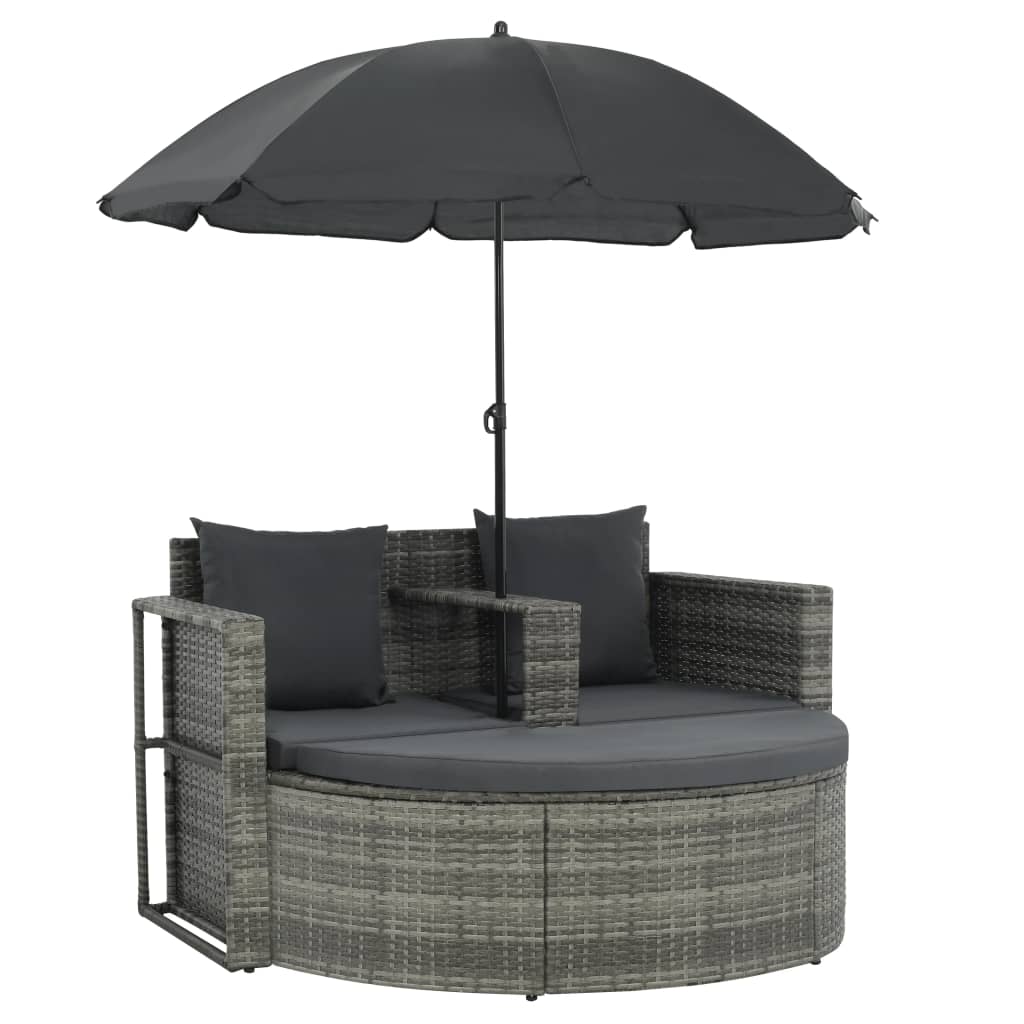 NNEVL 2 Seater Garden Sofa with Cushions and Parasol Grey Poly Rattan