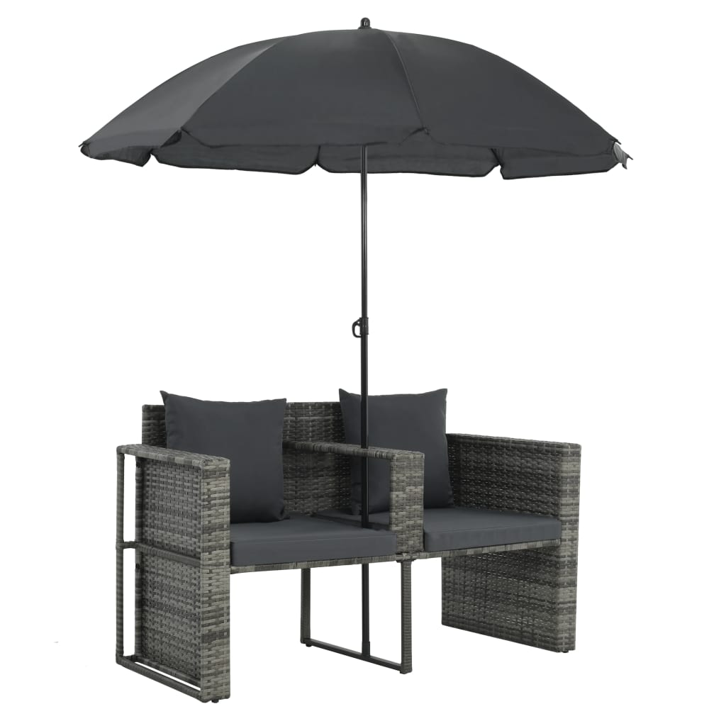 NNEVL 2 Seater Garden Sofa with Cushions and Parasol Grey Poly Rattan