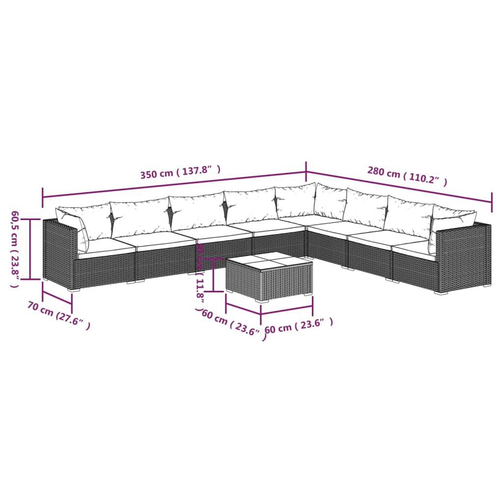 NNEVL 9 Piece Garden Lounge Set with Cushions Poly Rattan Brown