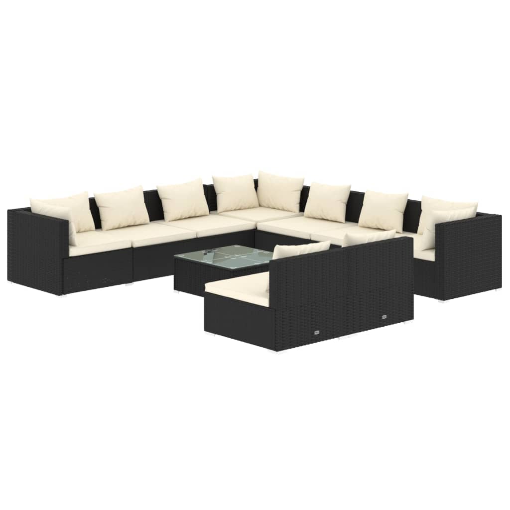 NNEVL 10 Piece Garden Lounge Set with Cushions Black Poly Rattan