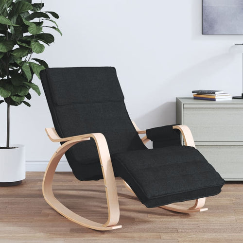Black fabric NNEVL rocking chair with wooden rockers and cushioned seat, perfect for a cozy living room or nursery.