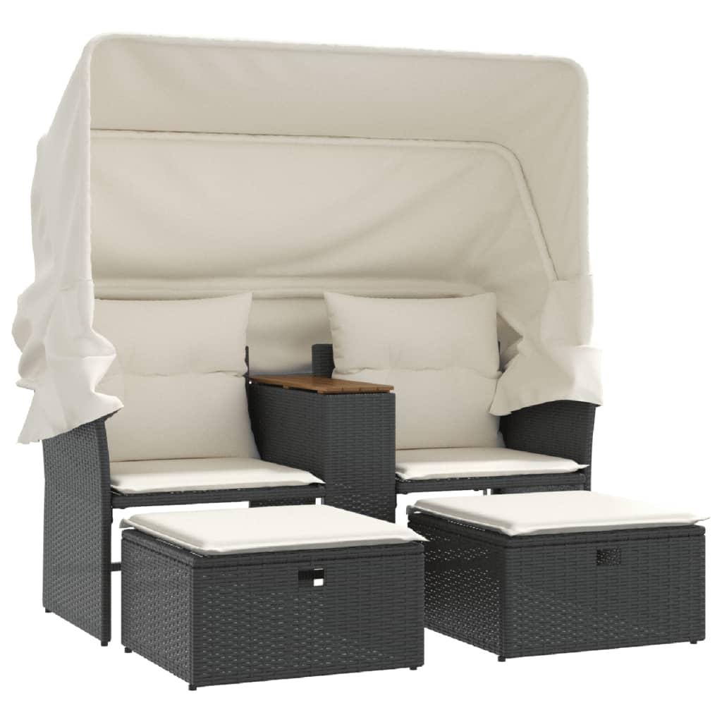 NNEVL Garden Sofa 2-Seater with Canopy and Stools Black Poly Rattan