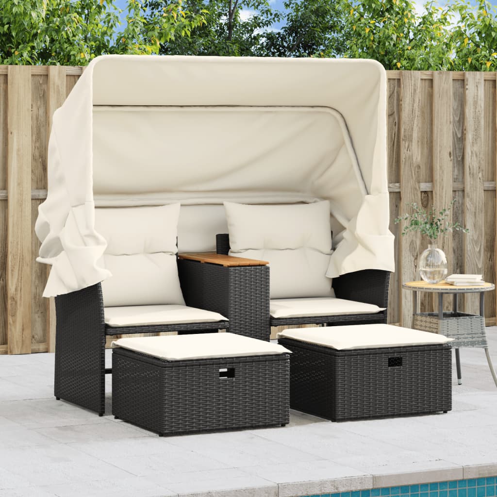 NNEVL Garden Sofa 2-Seater with Canopy and Stools Black Poly Rattan