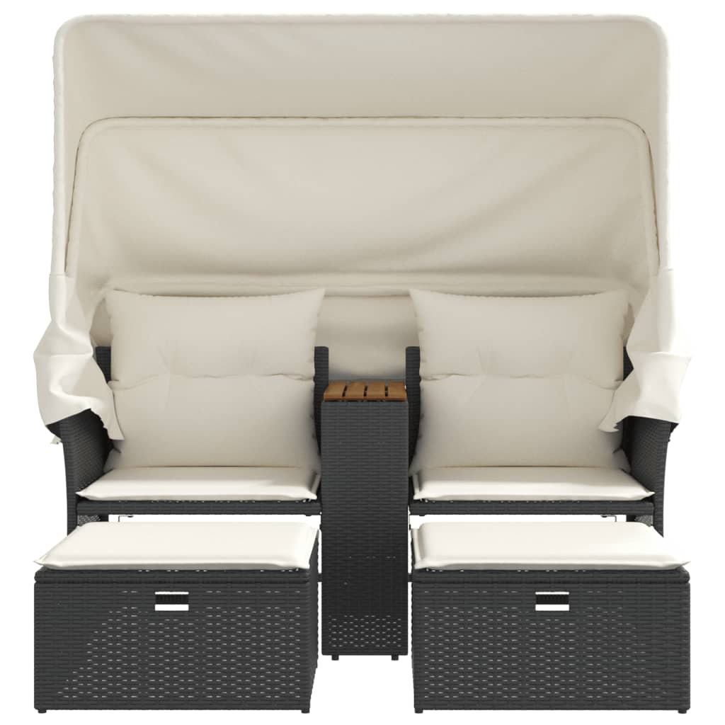 NNEVL Garden Sofa 2-Seater with Canopy and Stools Black Poly Rattan