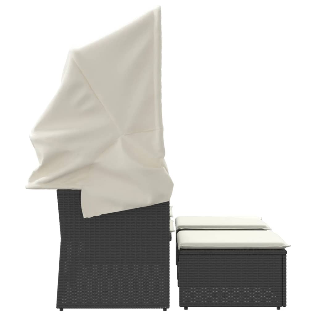 NNEVL Garden Sofa 2-Seater with Canopy and Stools Black Poly Rattan