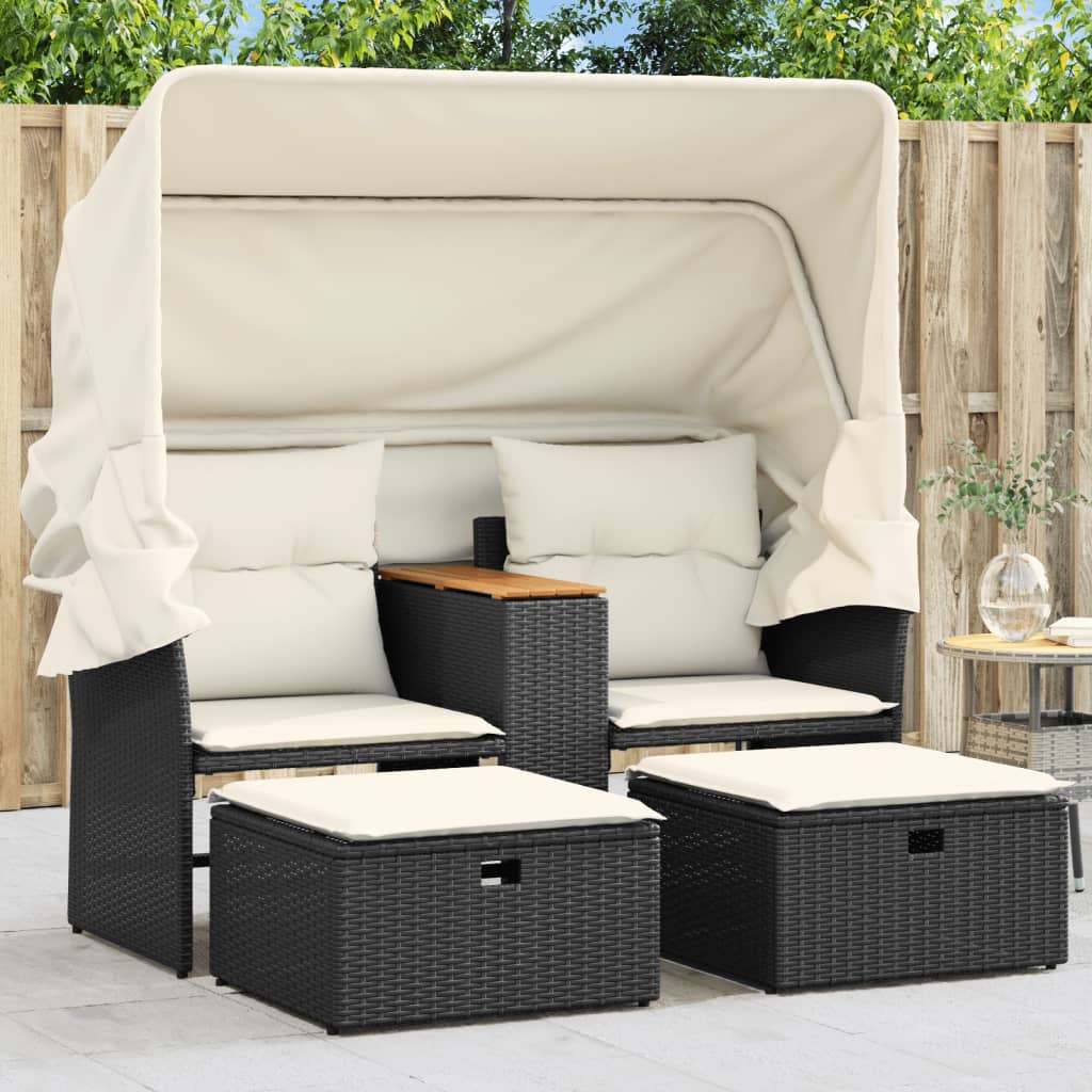 NNEVL Garden Sofa 2-Seater with Canopy and Stools Black Poly Rattan