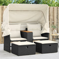 NNEVL Garden Sofa 2-Seater with Canopy and Stools Black Poly Rattan