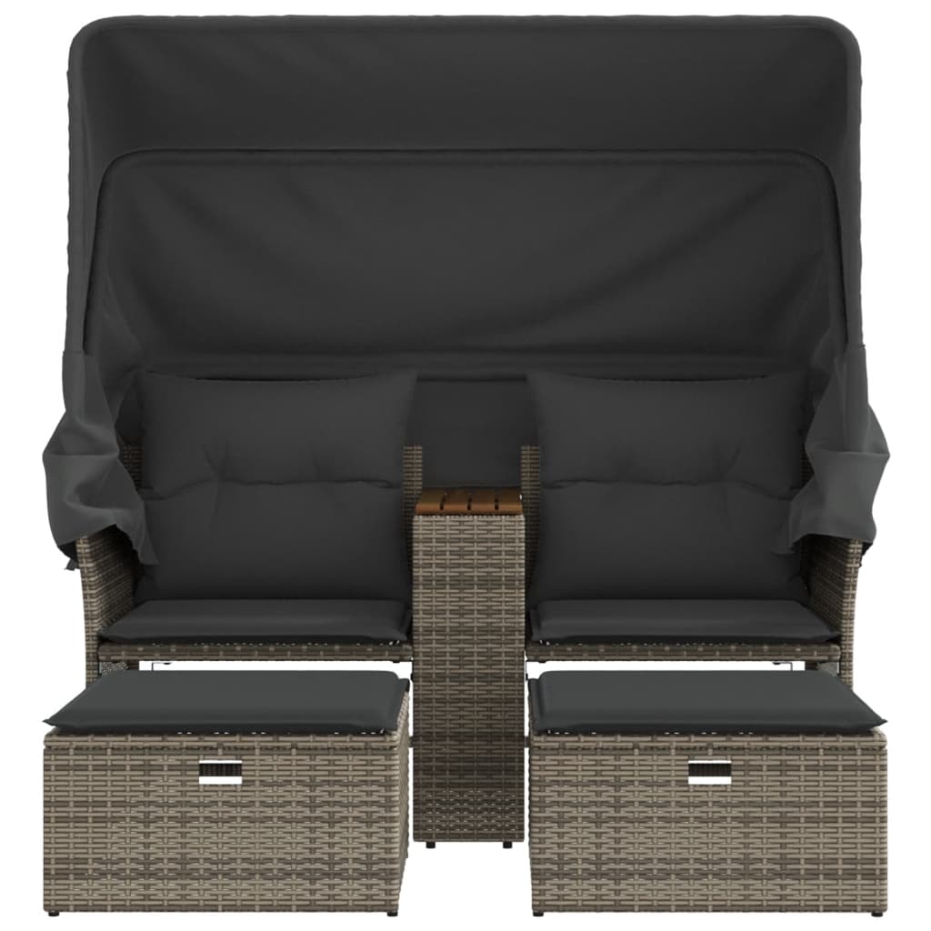 NNEVL Garden Sofa 2-Seater with Canopy and Stools Grey Poly Rattan