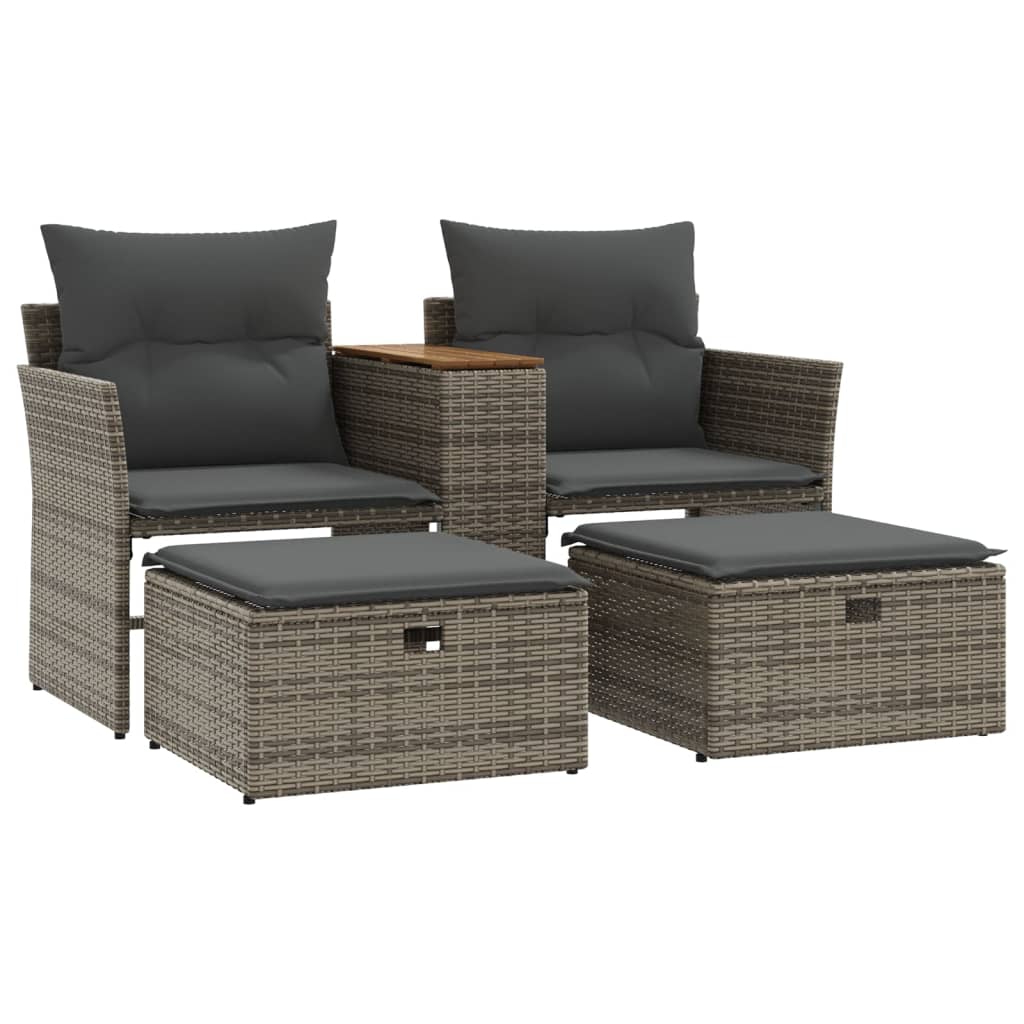 NNEVL Garden Sofa 2-Seater with Stools Grey Poly Rattan