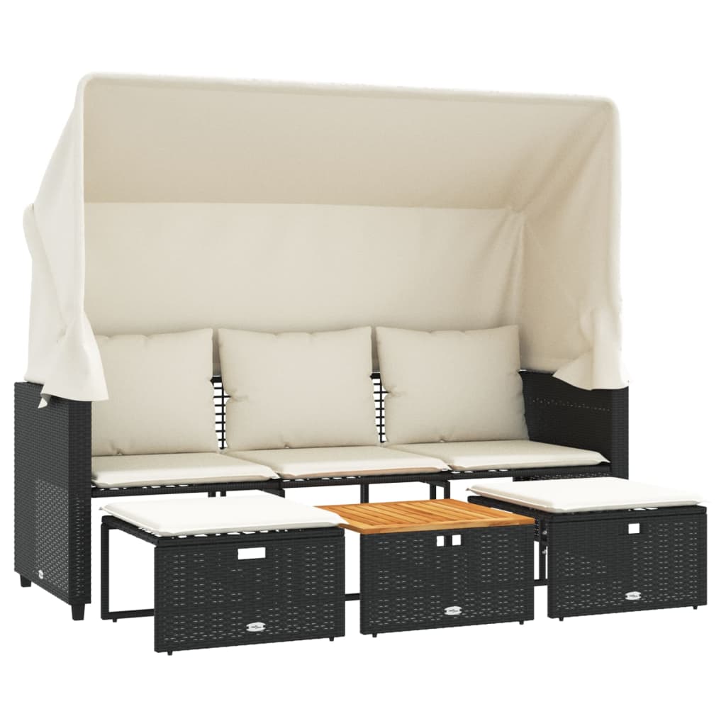 NNEVL Garden Sofa 3-Seater with Canopy and Stools Black Poly Rattan