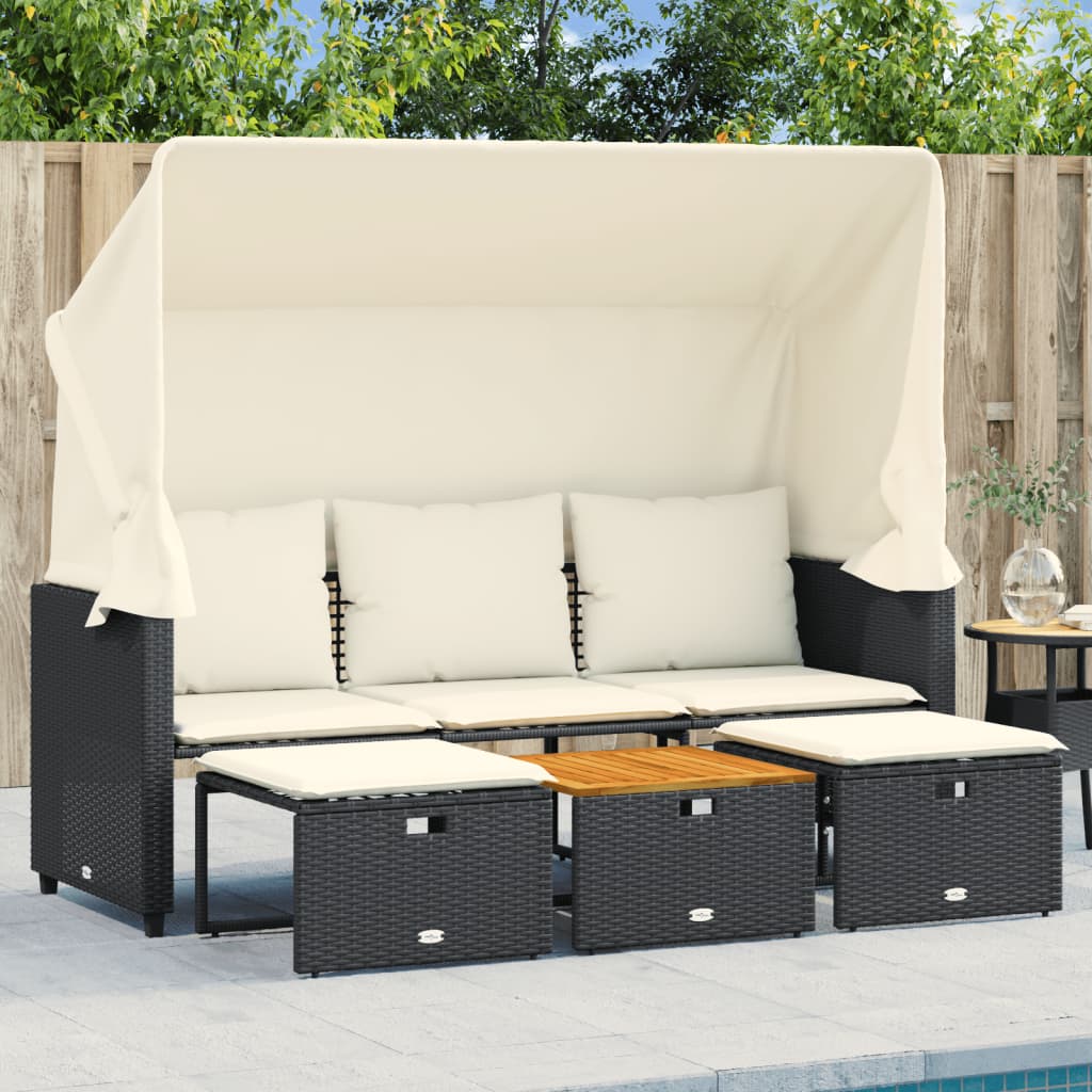 NNEVL Garden Sofa 3-Seater with Canopy and Stools Black Poly Rattan