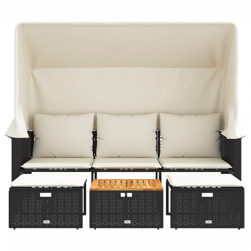 NNEVL Garden Sofa 3-Seater with Canopy and Stools Black Poly Rattan