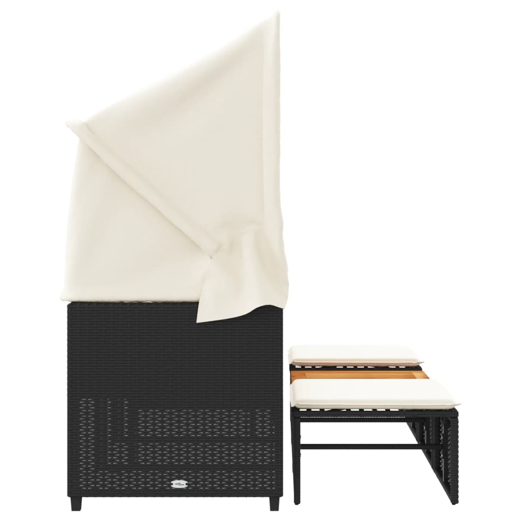 NNEVL Garden Sofa 3-Seater with Canopy and Stools Black Poly Rattan