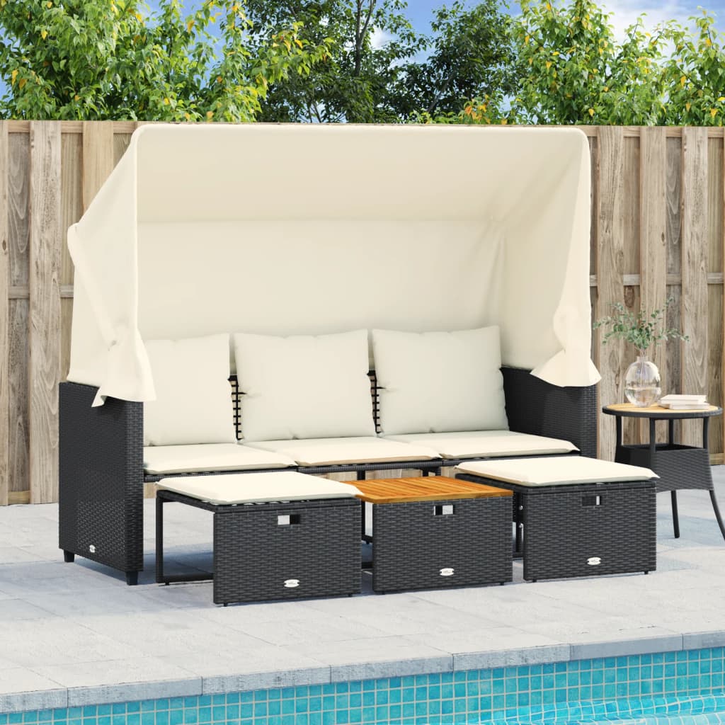 NNEVL Garden Sofa 3-Seater with Canopy and Stools Black Poly Rattan