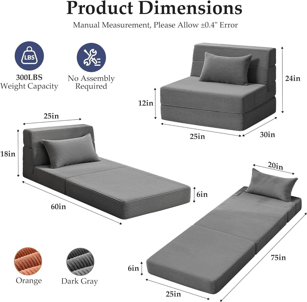 Convertible Memory Foam Sofa Bed with Washable Cover (Dark Grey)