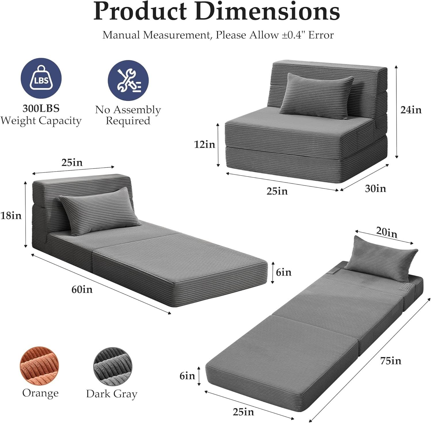 Convertible Memory Foam Sofa Bed with Washable Cover (Dark Grey)