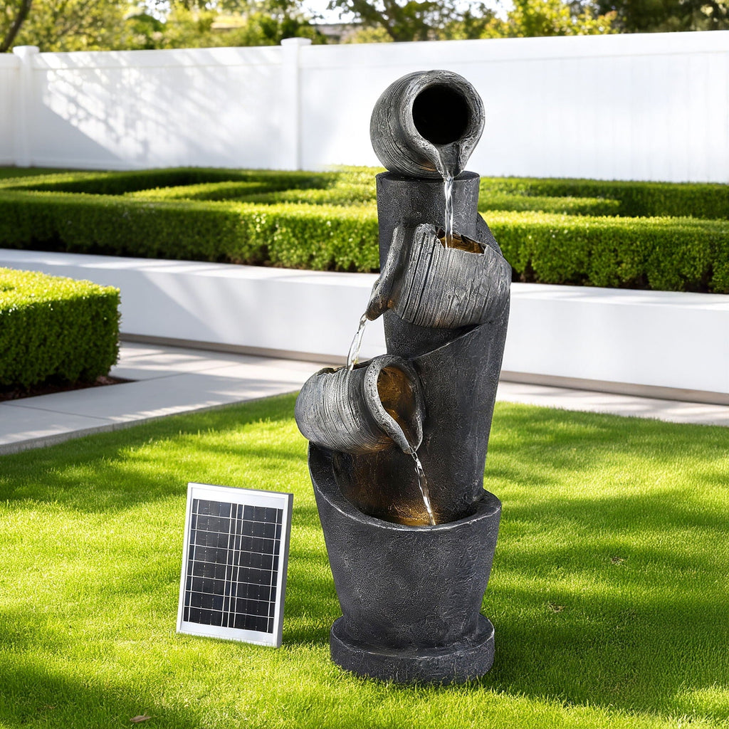Gardeon Solar Fountain Water Feature Cascading Fountain 3-Tier Pot LED Lights 80CM Grey