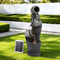 Grey Gardeon solar fountain with 3-tier pot, cascading water, LED lights, suitable for garden ponds and outdoor decor.