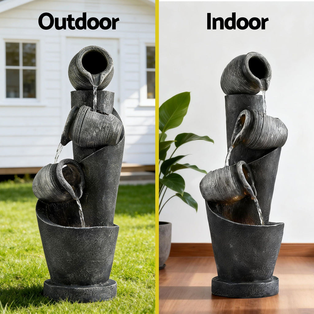 Gardeon Solar Fountain Water Feature Cascading Fountain 3-Tier Pot LED Lights 80CM Grey