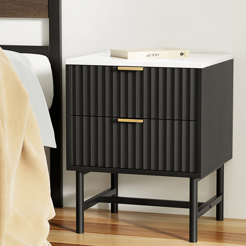 Black Artiss bedside table with two drawers, modern furniture piece from DropshipZone, showcasing sleek design and storage space.