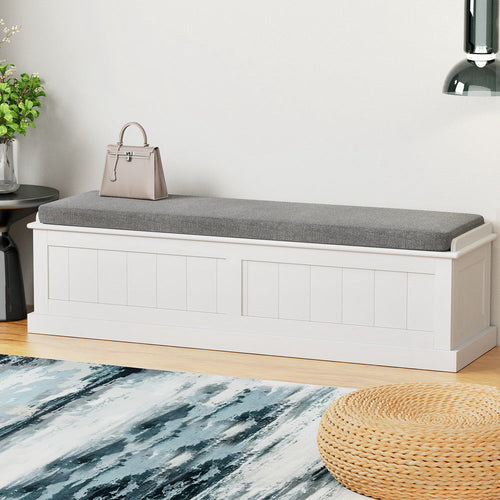 Grey Artiss storage ottoman blanket box with fluted design, 140cm furniture piece with a soft padded top and spacious interior