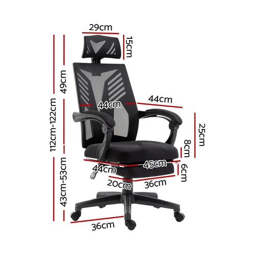 Black Artiss mesh office recliner chair with adjustable armrests and ergonomic design, featuring a modern furniture style.