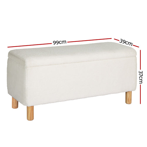 White Artiss storage ottoman blanket box with teddy fabric, 99cm, showcasing a versatile furniture piece for cozy living spaces.