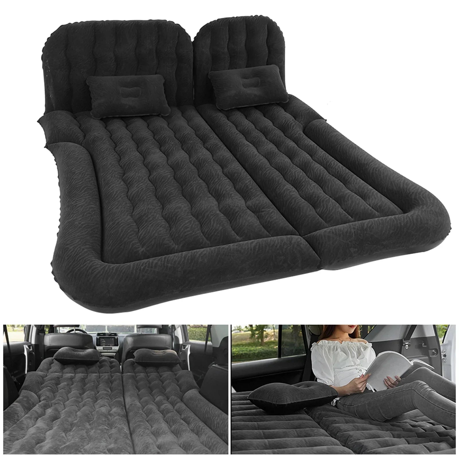 2-in-1 Inflatable Car Mattress Soft PVC Travel Bed with Pump (Black)