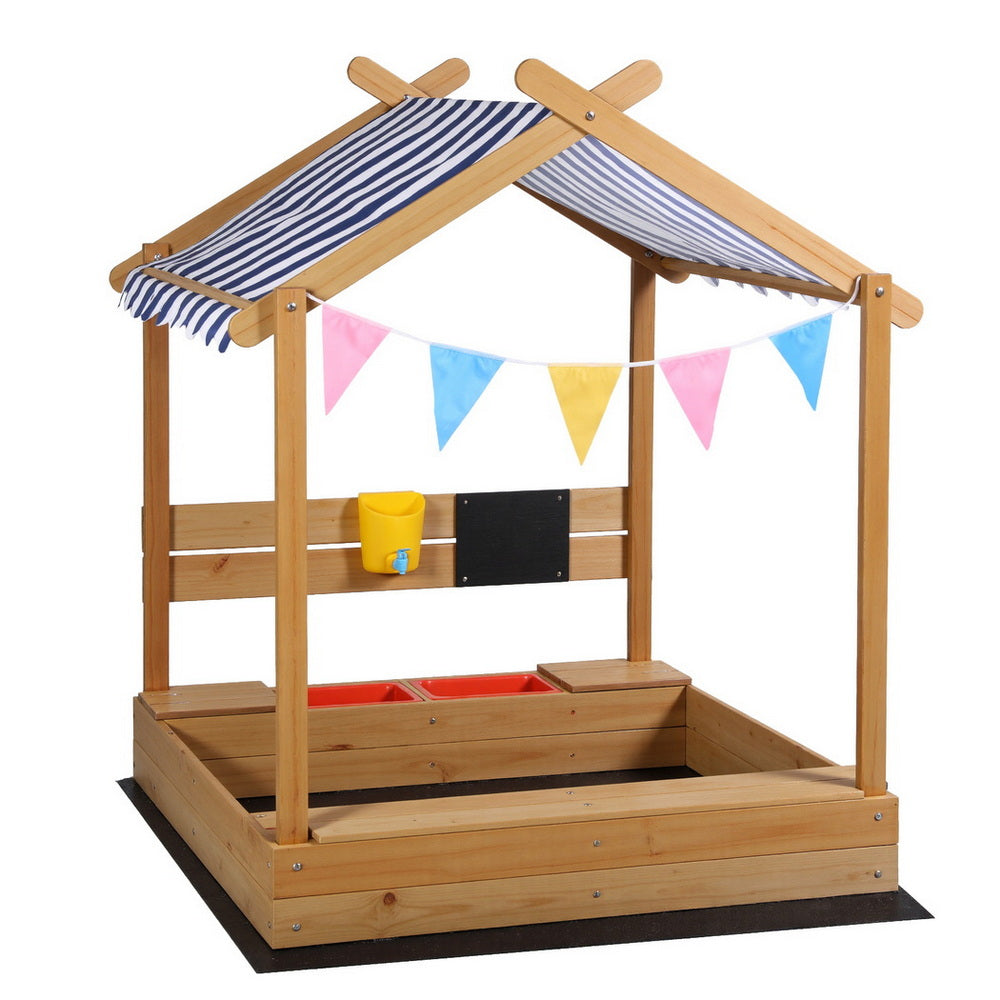 Keezi Kids Sandpit Wooden Sandbox Sand Pit with Canopy 146cm