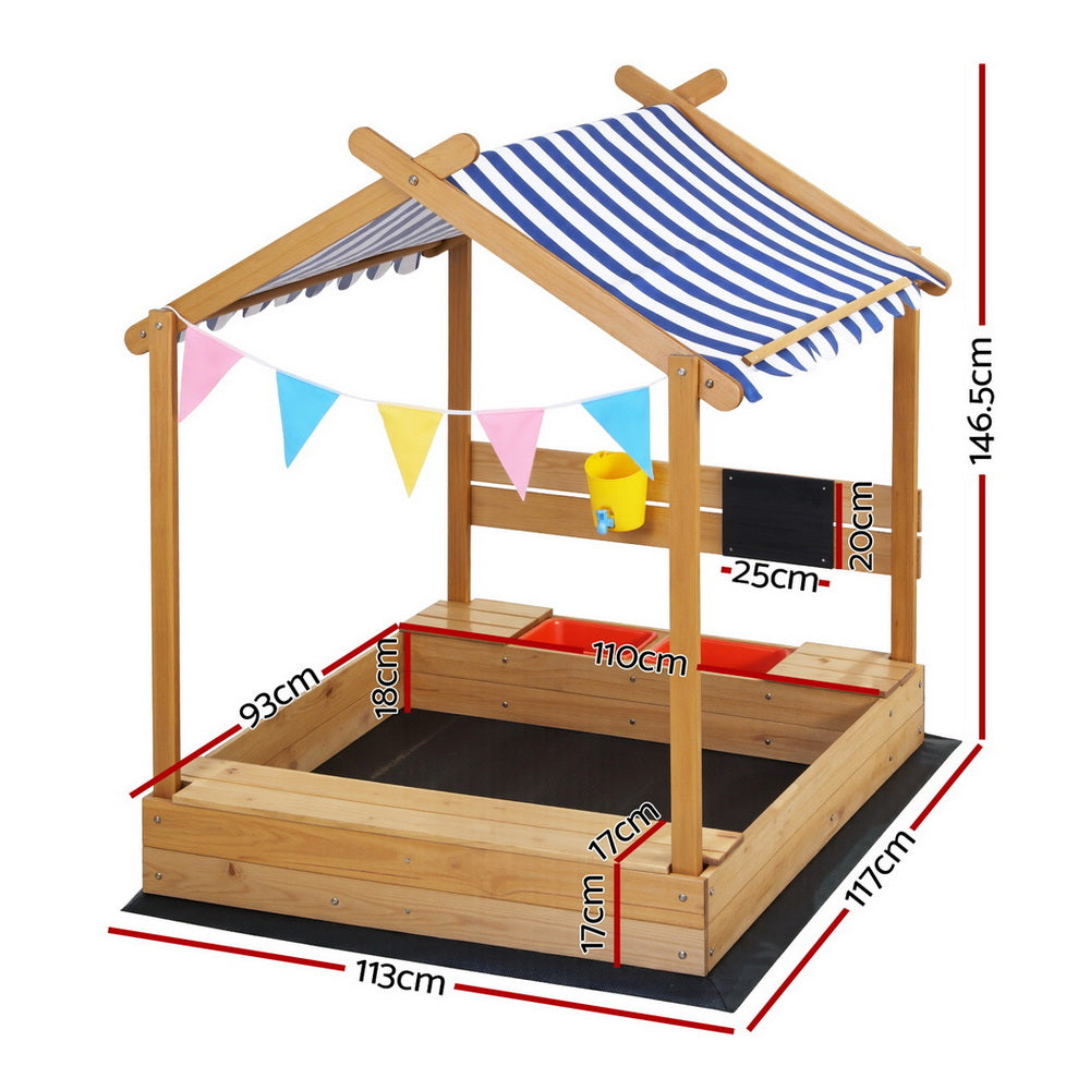 Keezi Kids Sandpit Wooden Sandbox Sand Pit with Canopy 146cm
