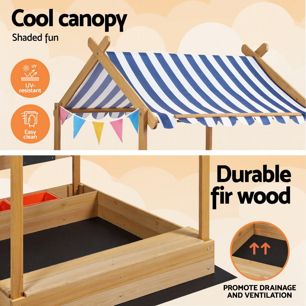 Keezi Kids Sandpit Wooden Sandbox Sand Pit with Canopy 146cm