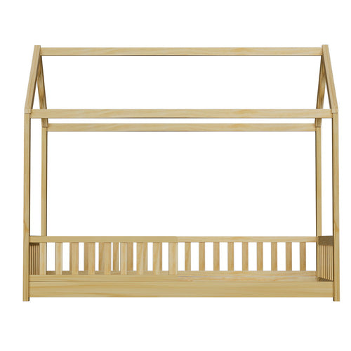 Wooden kids bed frame with house design in oak finish, sturdy construction, perfect for children's bedroom decor.