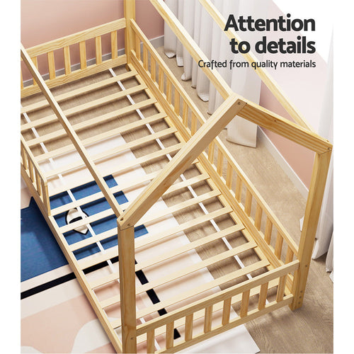Wooden kids bed frame with house-shaped design in oak finish, suitable for children’s bedrooms, by DropshipZone.