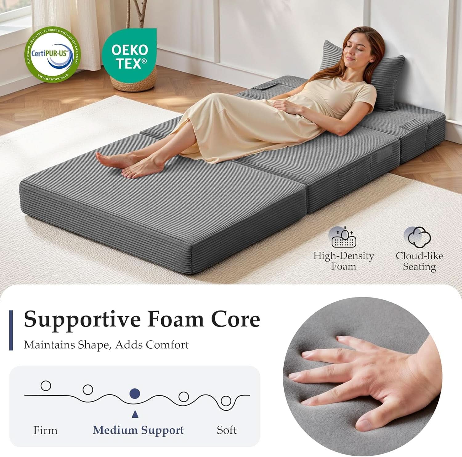 Convertible Memory Foam Sofa Bed with Washable Cover (Dark Grey)