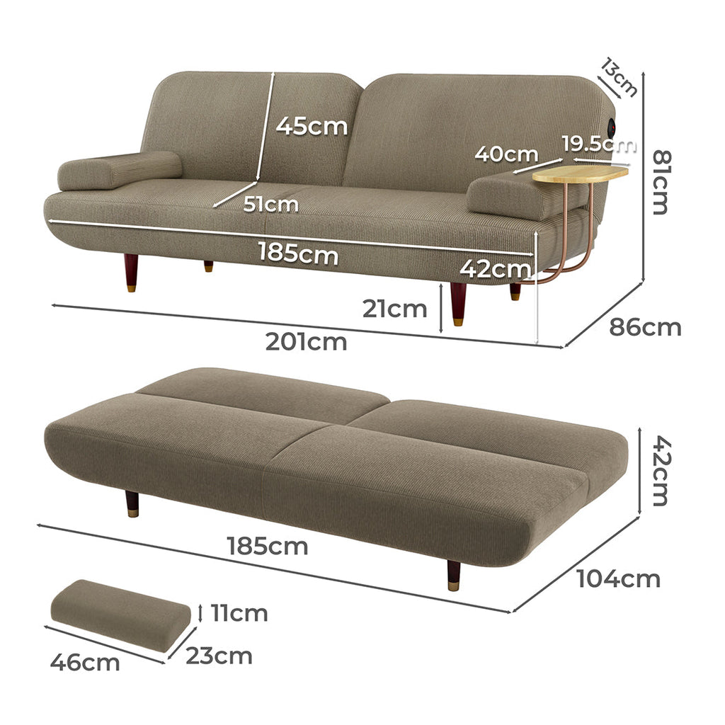 Convertible Sofa Bed with USB Charger and Removable Side Table