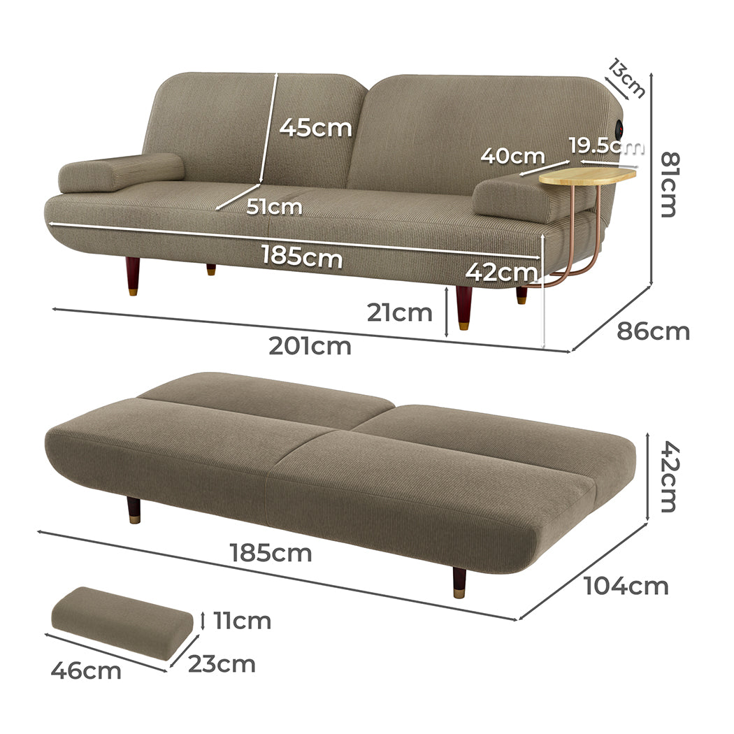 Convertible Sofa Bed with USB Charger and Removable Side Table