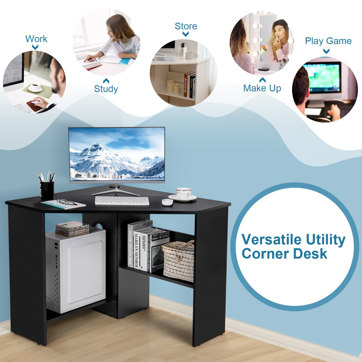 NNECW Black Corner Computer Desk with Management Hole for Home Office