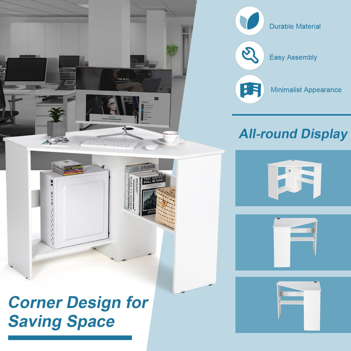 NNECW White Corner Computer Desk with Management Hole for Home Office